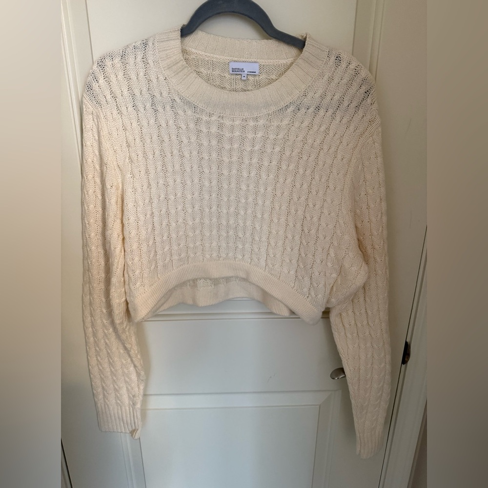 WeWoreWhat Cream Cropped Crew Neck Cable Knit Sweater